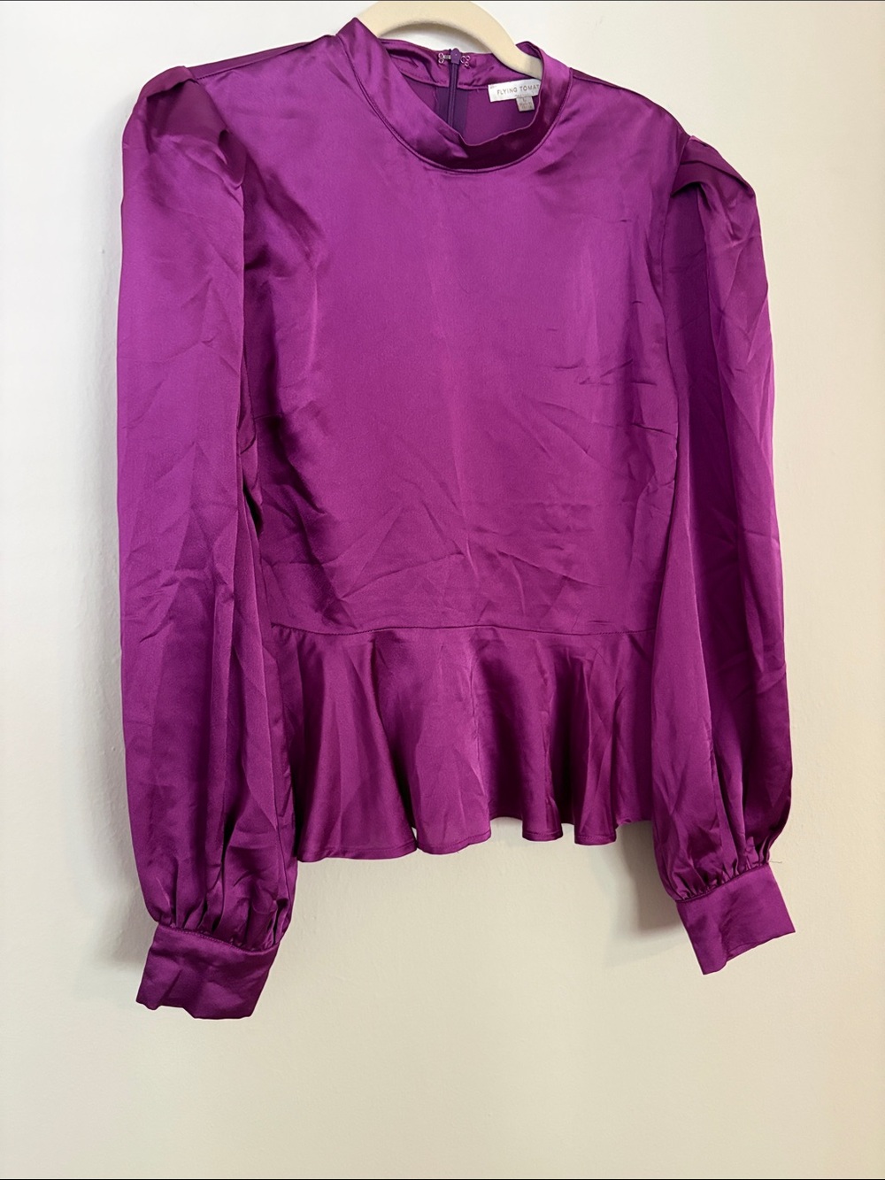Flying Tomato Purple Satin Peplum Long-Sleeve Top